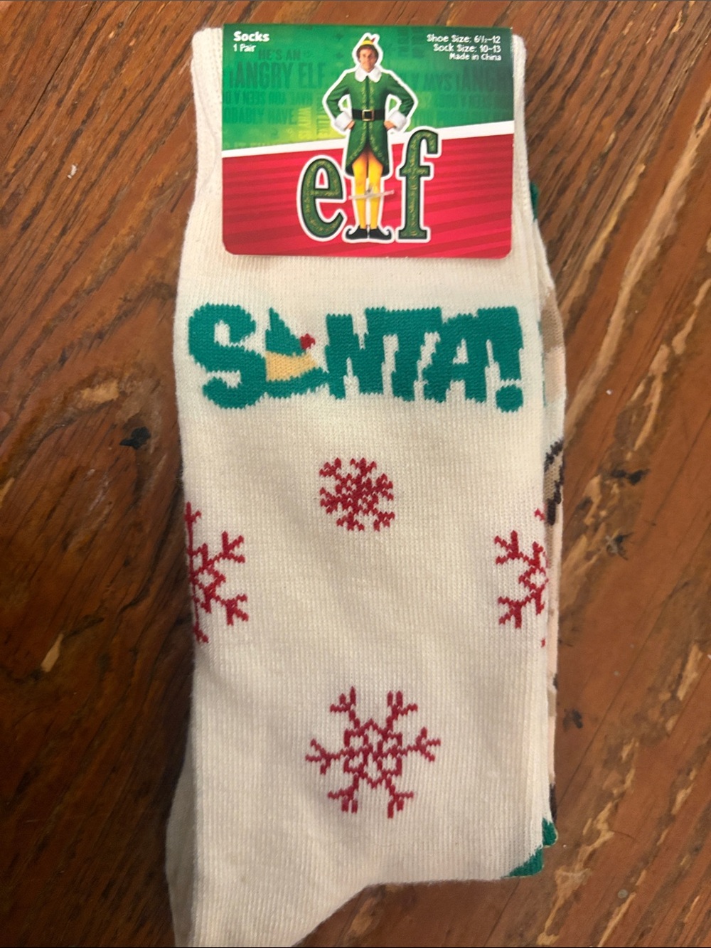 ELF White Socks with Green SANTA! Text and Red Snowflakes